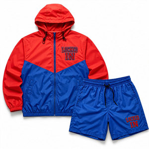 Quick Dry Hooded Track Running Windbreaker Shorts <b>Set</b> Men's Lightweight Sports Gym Workout Windbreaker Shorts <b>Set</b> - Product Image 1