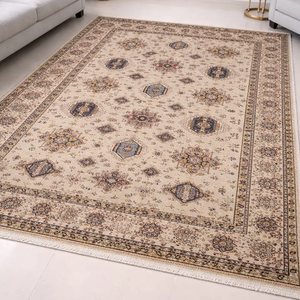 Tapis persan en laine de qualité supérieure, fabriqué à la machine, design géométrique traditionnel ivoire - Product Image 2