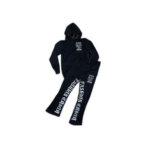 Ensemble survêtement vintage d'hiver pour homme sur mesure OEM, coupe-vent, sweat-shirt en molleton de coton noir, pantalon évasé, taille plus, ensemble thermique 2 pièces - Product Image 1