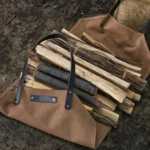 Large Leather Canvas Wood Firewood Carrying Bag Waxed Canvas Log Heavy Duty Tote Firewood Log Carrier LLR-0034
