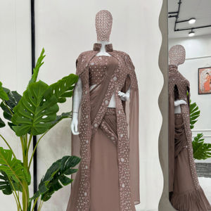 Nuevo diseñador Faux Georgette hilo con secuencia bordado trabajo Lehenga Saree volante drapeado Saree con encogimiento de hombros largo para mujeres - Product Image 1