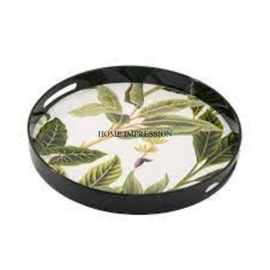 Attractive Look Enamel Finishing Designer Unique Modern Creative Art Designer <b>Round</b> <b>Tray</b> With Gold Plated Leaves Design Handle - Product Image 4