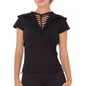 Camiseta de manga corta con cuello en V entrecruzado para mujer, camiseta informal ajustada con cordones en la parte delantera para verano y uso diario - Product Image 1