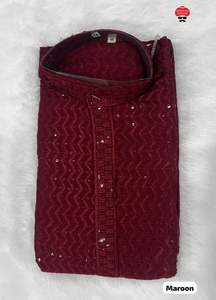 Festival tradicional para hombres Rayon Chikan Work Kurta con estampado dibujado a mano Conjunto de pijama de algodón por exportación en India para adultos - Product Image 3