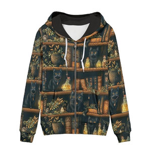 Sweat à capuche pour femme, hiver, vintage, imprimé bibliothèque et chat noir, coupe ample, confortable, mélange coton/polyester - Product Image 1