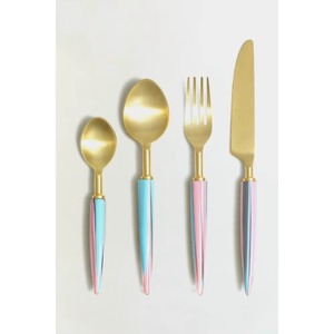 Juego de 4 cubiertos de acero inoxidable, cuchara, tenedor, cuchillo, utensilios de cocina ideales, mesa, hogar, cubiertos con acabado chapado en oro, mango de madera - Product Image 2