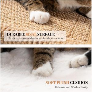Lit-griffoir 2-en-1 pour chat, surélevé, en bois, avec tapis en peluche et griffoir en sisal, pour usage intérieur/extérieur, amovible et lavable, mobilier de repos - Product Image 4
