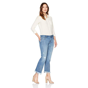 กางเกงยีนส์ระบายอากาศได้ดีของผู้หญิงไซส์ XL เอวกลางมีกระดุมตกแต่งแบบลำลองสีพื้นพิมพ์ลายขนาดกลาง - Product Image 2