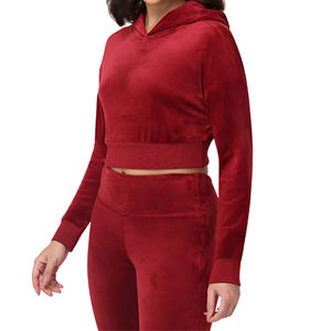 2026 Women's Cropped <b>Hoodie</b> Heavyweight <b>Velour</b> Plain Velvet Pullover Sweatshirt Elastic Hem Custom Logo Solid Blank Warm Badge - Product Image 1
