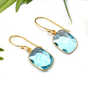 Style classique bleu topaze pierres précieuses Hydro Quartz coussin forme 22K plaqué or lunette boucles d'oreilles fête de noël femmes bijoux - Product Image 1