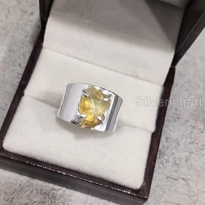 Bague pour femme en argent sterling 925, pierre précieuse citrine naturelle, pierre de naissance de novembre, large bande, petite bague, bijoux faits à la main - Product Image 5