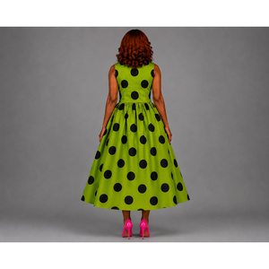 Abito in Raso Ankara Verde a Pois con Motivo Rosa e Fiocco, Vita Naturale, Traspirante - Product Image 2