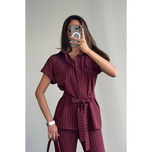 Conjunto de Blusa y Pantalón para Mujer en Poliviscosa con Rayas Borgoña - Product Image 1