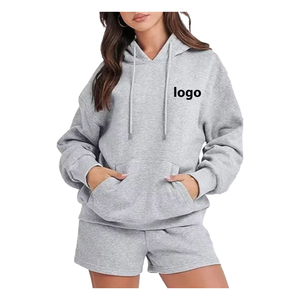 OEM Personnaliser Marque Privée Gym Shorts Femmes Ensemble Court Crop Top Confortable Plain Hoodies Sweat Drop Shoulder - Product Image 5