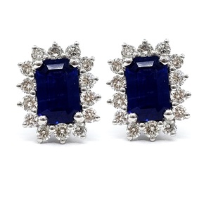 Boucles d'oreilles clous en or blanc massif 18 carats de haute qualité, design vintage, diamants et saphirs véritables, pour cadeau d'anniversaire de mariage - Product Image 1