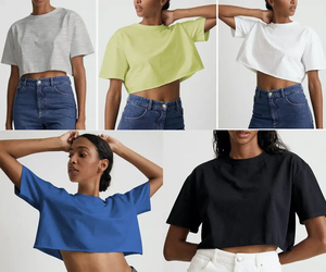 Camiseta recortada de gran tamaño con ajuste holgado de Color negro más a la moda para mujer con cuello redondo, camiseta recortada para mujer, Tops cortos para mujer - Product Image 6