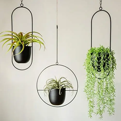 Set of Three Hanging Black Colored Metal Outdoor Decorative Flower Planter For Home Exterior and Hotel Garden Decoration Usage