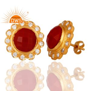 Último diseño hecho a mano 18K chapado en oro natural Cz y Coral piedra preciosa Stud pendiente Demi joyería fina fabricante - Product Image 2