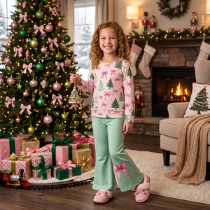Ensemble de pyjamas pour filles en spandex/polyester écologique pour Noël, sans manches, imprimé nœud rose et sapin, pantalon vert confortable à bas évasé - Product Image 5