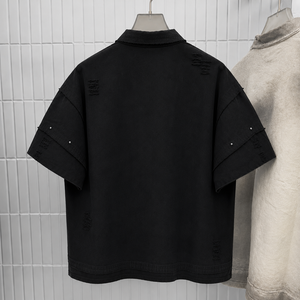 Polo Masculino à manches courtes en tricot côtelé épais 350 grammes, style vintage déchiré, coupe ample XXL, broderie personnalisée OEM - Product Image 2