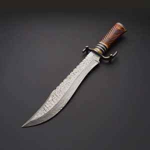 Couteau Bowie de chasse en acier damas fait à la main personnalisé couteau Bowie avec poignée en bois et gaine en cuir fin - Product Image 2
