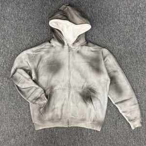 Sweat à capuche personnalisé avec broderie en détresse graphique coton surdimensionné Boxy vintage délavé à l'acide sweat à capuche avec fermeture éclair pour hommes - Product Image 1