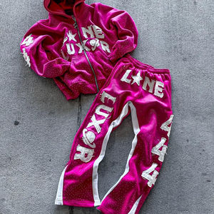 Chándal con bordado de diamantes de imitación estilo callejero Vintage para hombre, pantalones acampanados con capucha holgados transpirables, bordado desgastado - Product Image 5