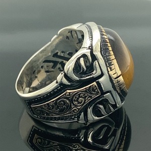 <b>925</b> Sterling <b>Silver</b> Men's Vintage Engagement <b>Ring</b> Natural Tiger Eye Gemstone Bezel Setting Lock Shape Handmade Third Party Fine - Product Image 5