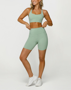 Ensemble de short de yoga pour femmes en spandex/polyester solide de haute qualité, séchage rapide, respirant, 2 pièces, prix raisonnable, taille élastique, 140g - Product Image 4