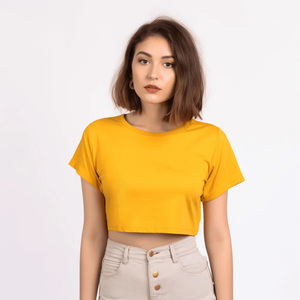T-shirt ample de couleur unie de haute qualité pour femmes T-shirt court Logo personnalisé imprimé col rond à manches courtes Causal Crop Tee - Product Image 1