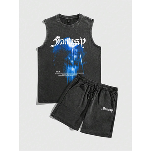 Personalizado 100% algodón de peso pesado logotipo personalizado diseño único hombres camisetas pantalones cortos conjunto para hombres - Product Image 3