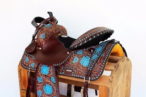 Sillín sin árboles, sillín de caballo de cuero occidental de calidad superior con juego de tachuelas de caballo a juego, sillín de resistencia de cuero genuino - Product Image 2