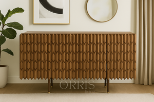 Modern Hand Carved Black Solid Wood Sideboard-Luxury Farmhouse Dining Storage <b>Buffet</b> Cabinet Geometric Diamond Pattern Gold Legs - Product Image 3