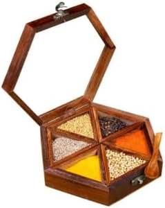 Caja de especias con forma hexagonal de madera marrón hecha a mano con tapa de vidrio transparente Caja Masala y cuchara 6 contenedores - Product Image 4