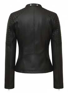 Blouson de moto en cuir de mouton brut noir pour femme, coupe ajustée matelassée avec fermeture éclair, vêtement d'extérieur - Product Image 3