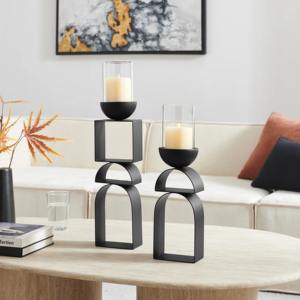 Portavelas Moderno Geométrico Tipo Huracán, Formas Abstractas Apiladas, Metal Negro Mate, Decoración de Lujo, Resistente al Calor para Navidad y Pascua - Product Image 2