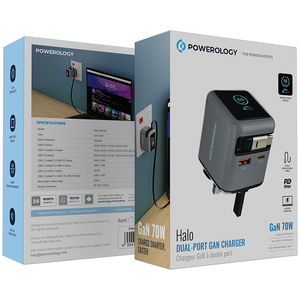 Sạc GaN hai cổng Powerology 70W, sạc nhanh <span class=keywords><strong>2</strong></span> thiết bị, cáp Type-C thu gọn, màn hình thông minh, cổng DC - Product Image 2