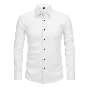 Nueva oferta, camisa informal Formal de manga larga con diseño delgado y elegante para hombre, camisa de fibra de algodón teñida Lisa transpirable antiarrugas - Product Image 1