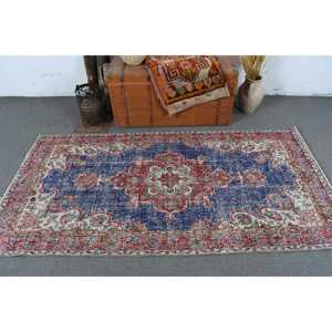 Alfombra Turca de 3.7x7.2 pies, Alfombra Vintage, Alfombra Marroquí de Lana Azul y Roja - Product Image 3