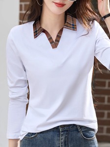 T-shirt pour femme, couleur unie, col en V, ample, amincissant, côtelé, avec poche, patchwork - Product Image 3