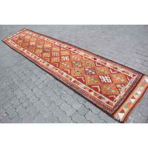 Alfombra Turca de 2.6x11.9 pies, Alfombra Vintage, Alfombra de Lana con Diseño Floral Rojo Anaranjado - Product Image 2