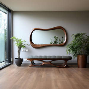 Espejo de tocador de pared estilo Art Deco con diseño ondulado irregular asimétrico grande respetuoso con el medio ambiente hecho a mano, marco de madera de nogal Real para Hotel - Product Image 2