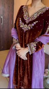 Afghan Style Dubai Party Special V Neck Style <b>Velvet</b> <b>Fabric</b> Designer Salwar Kameez With Dupatta Set For Women Or Girls Wear - Product Image 4