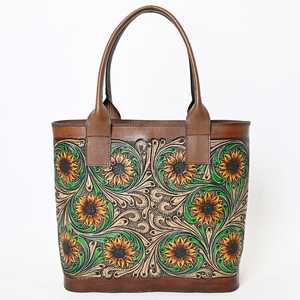 กระเป๋าโท้ทหนังแท้ลายดอกทานตะวันสไตล์ตะวันตก  งานแกะสลักด้วยมือ  หนังวัวแท้  ลายดอกไม้  กระเป๋าหรูหราสำหรับผู้หญิง  ซิป  รุ่นฤดูใบไม้ร่วง  เป็นมิตรกับสิ่งแวดล้อม - Product Image 2