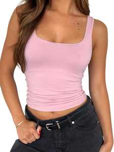 Women's Sleeveless Square Neck Cropped Solid Color <b>Tank</b> <b>Top</b> - Casual Basic 8 Color Options - Product Image 4