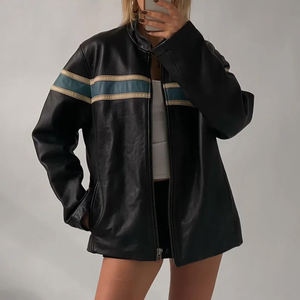 1990's Retro Vintage Ladies Oversize Bomber Chaqueta de piel de oveja Chaqueta de cuero larga suave para mujer - Product Image 3
