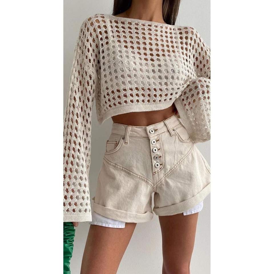 Women's Cream Hole Openwork Crop Blouse