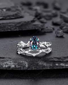 925ลูกแพร์เงินสเตอร์ลิงแพลตตินัมอเล็กซานไดรต์และโมอิสซาไนต์หมั้น14K แหวนสัญญากิ่งไม้ชุบทองคำขาว - Product Image 6