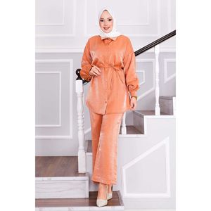 Autumn Casual 2-Piece Set in Salmon Color Short Top Detachable Drawstring Waist <b>Button</b> Decoration Logo Coordinating Trousers - Product Image 1