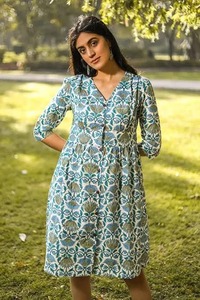 Indian hand <b>block</b> cotton short dress personalized bride wedding gift honeymoon dress summer wear floral <b>print</b> travel dress sale - Product Image 3